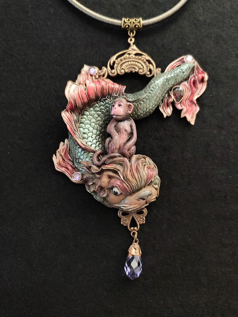 Art Nouveau Necklace Monkey on a Dolphin based on an engraving by Gustav Dore - Necklaces - Clay Multicolor