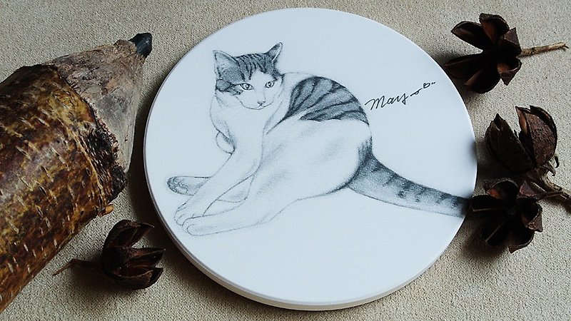 Orange white tabby cat _ 莺歌 ceramic water coaster - ที่รองแก้ว - ดินเผา ขาว