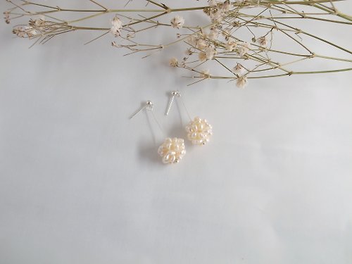ChloMi 【耳環】925 純銀 珍珠花球 珍珠耳環 夾式耳環 情人節禮物