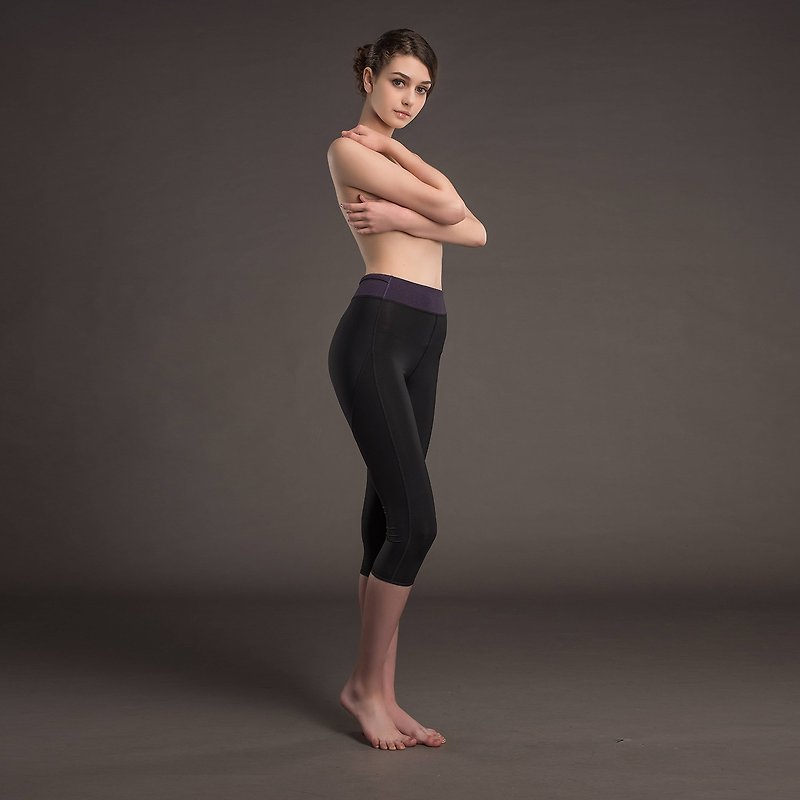 Revolution waist color matching pants - cut seven points / purple twist waist - Women's Yoga Apparel - Other Man-Made Fibers Black