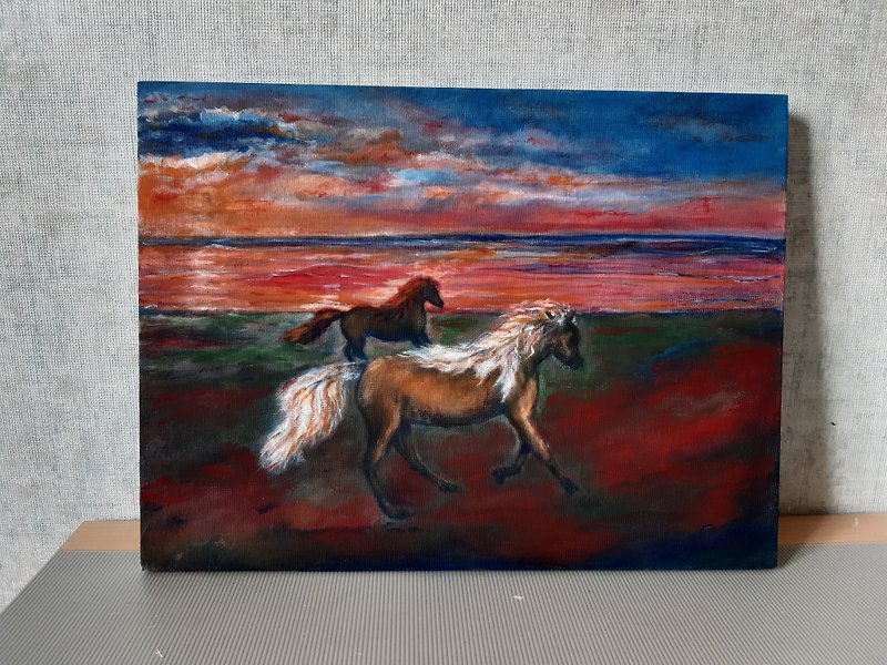 Acrylic painting, canvas, Two horses by the sea - โปสเตอร์ - ผ้าฝ้าย/ผ้าลินิน สีแดง