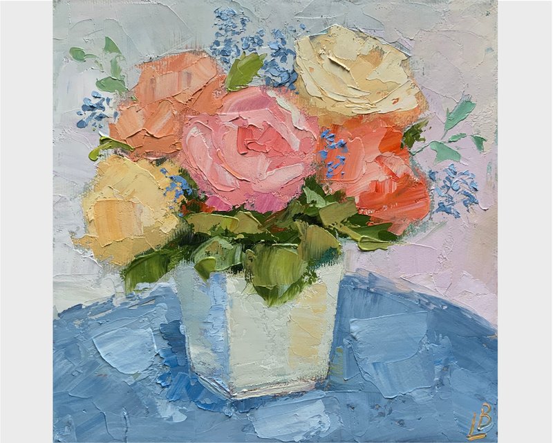 Flowers oil painting Bouquet of pink roses Impressionism Decorative panels - 壁貼/牆壁裝飾 - 其他材質 多色