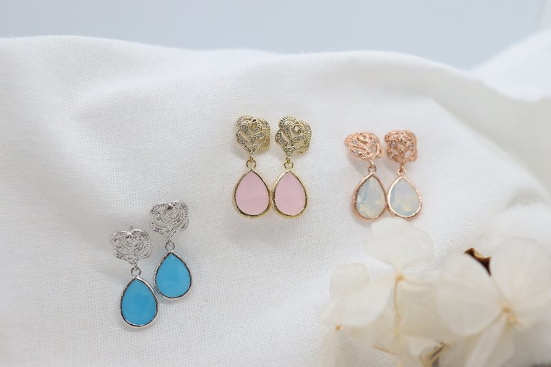 CZ Rose Polka Dot Crystal Gemstone Dangle 925 Silver Post Earrings - 耳環/耳夾/耳骨夾 - 水晶 