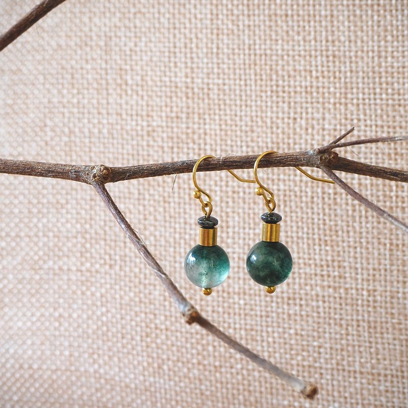 Minimal Moss Agate with Hematite earrings - 耳環/耳夾/耳骨夾 - 石頭 綠色