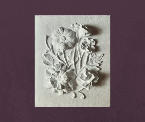 BotanicalArtGifts 牆壁雕塑藝術 3d 花卉牆壁藝術 白色淺浮雕 植物裝飾