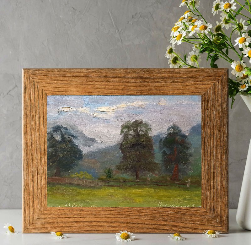 Pine Painting Landscape Original Art Forest Artwork Plein Air Oil Painting - ตกแต่งผนัง - วัสดุอื่นๆ สีเขียว