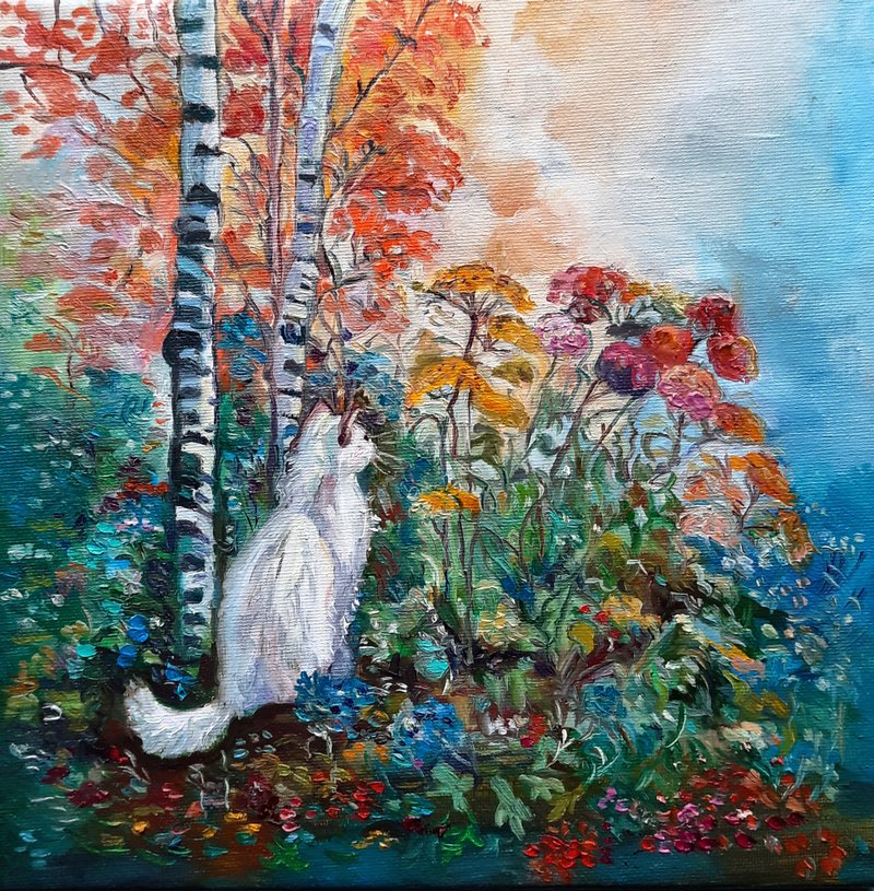 原創畫White Cat Art  Original Painting Oil Painting  Oil On Canvas - ตกแต่งผนัง - วัสดุอื่นๆ สีส้ม