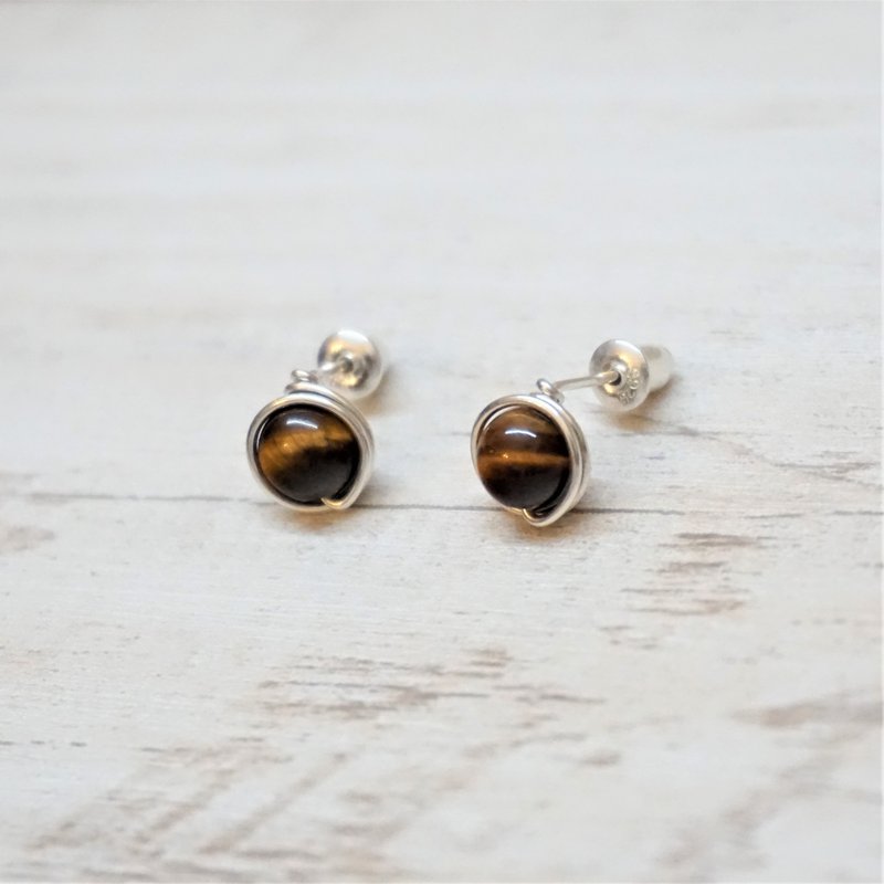 ll 925純銀繞線耳針 ll 6mm虎眼石銀耳針 ER-00041 - 耳環/耳夾/耳骨夾 - 銀 咖啡色