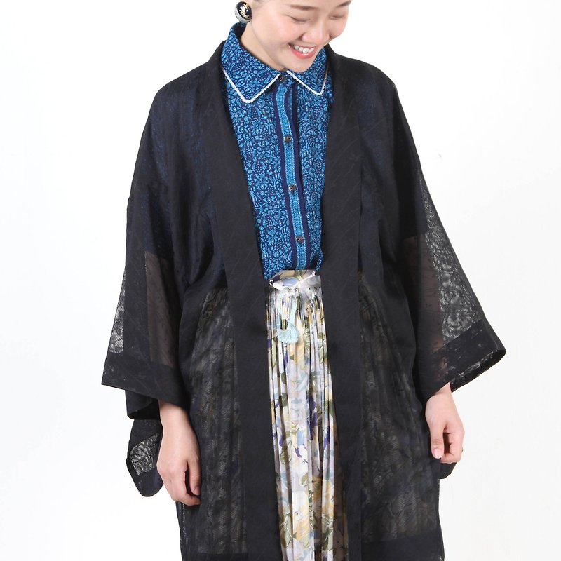 [Egg Plant Vintage] Chuanliusha quality summer vintage kimono feather weaving - Women's Casual & Functional Jackets - Polyester Black