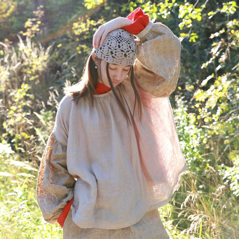鏤云寬松大碼 拼色收褶刺繡上衣 鏤云 - 女上衣/長袖上衣 - 棉．麻 
