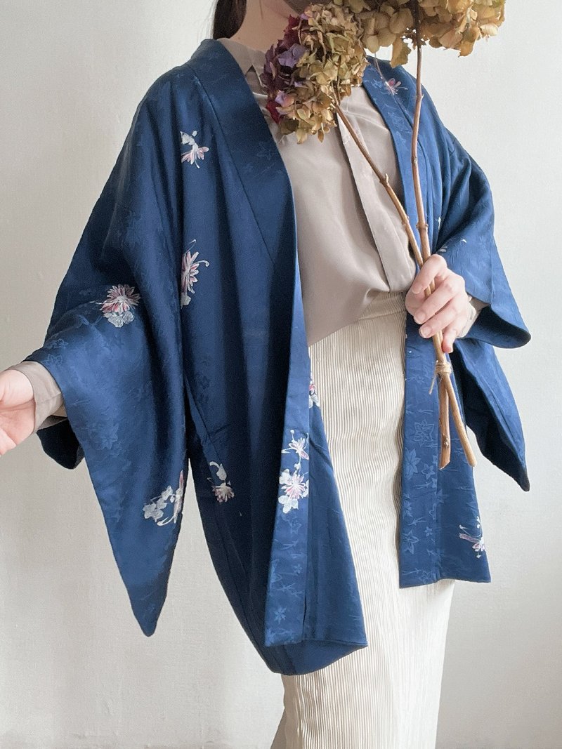 春夏日本製和風印花深藍色薄款古著羽織和服外套 - 女大衣/外套 - 聚酯纖維 藍色
