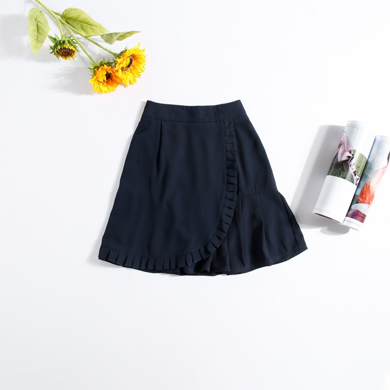 百摺半截短裙--深藍色--有裡襯 - 裙子/長裙 - 聚酯纖維 藍色