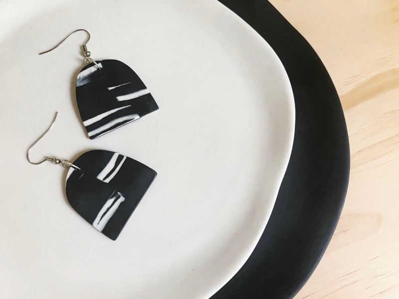 Earrings Series | Black and White Porcelain Hoop Earrings - Earrings & Clip-ons - Pottery Black