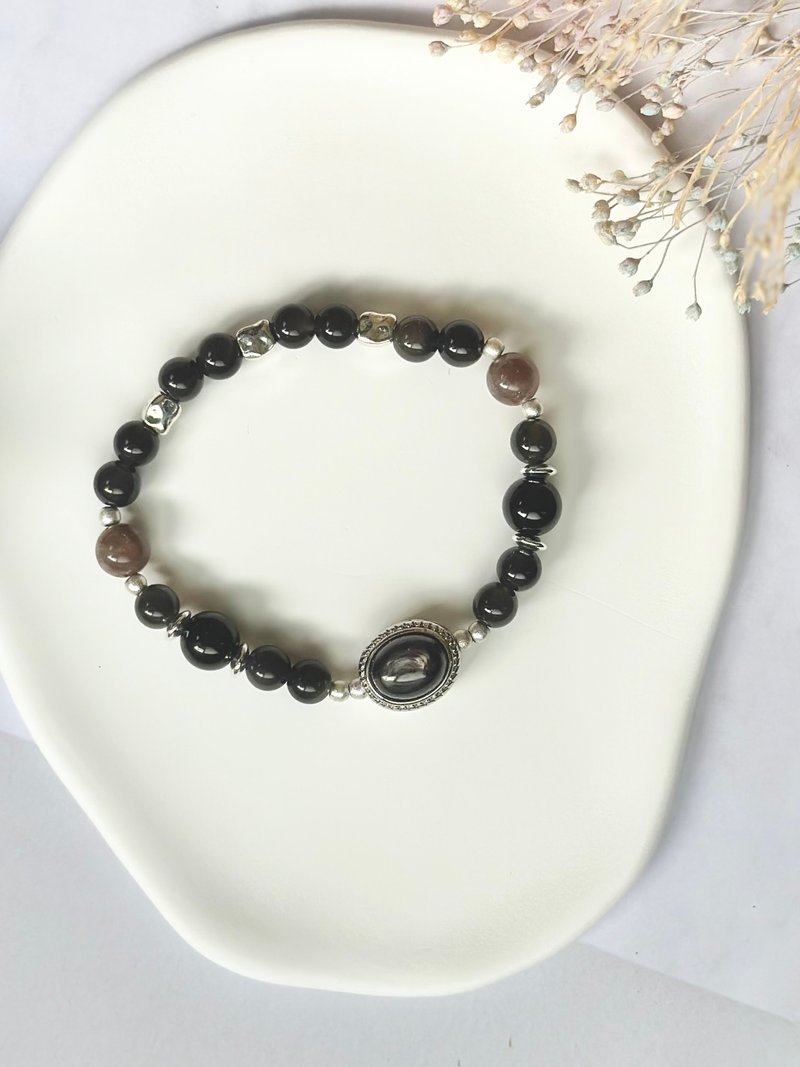 Gold Luck Stone Obsidian Star Backbone Natural Crystal Bracelet/Lucky and Good Luck, Exorcise Evil, Block Evil and Guard against Villains - สร้อยข้อมือ - คริสตัล สีดำ