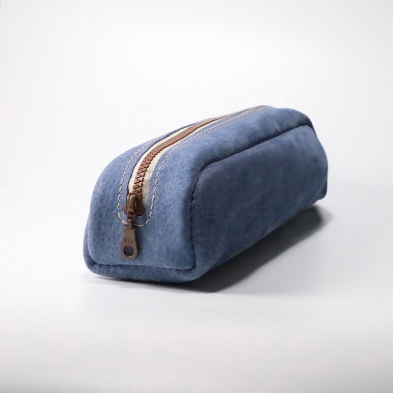 European-style bread two-color zipper suede pencil case/storage bag - blue + Khaki - กล่องดินสอ/ถุงดินสอ - หนังแท้ สีน้ำเงิน