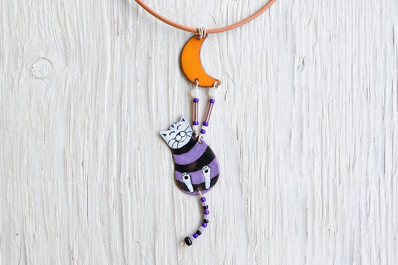 Purple cat, Cat necklace, Striped necklace, Cat jewelry, Cat and moon, Enamel, - สร้อยคอ - วัตถุเคลือบ สีม่วง