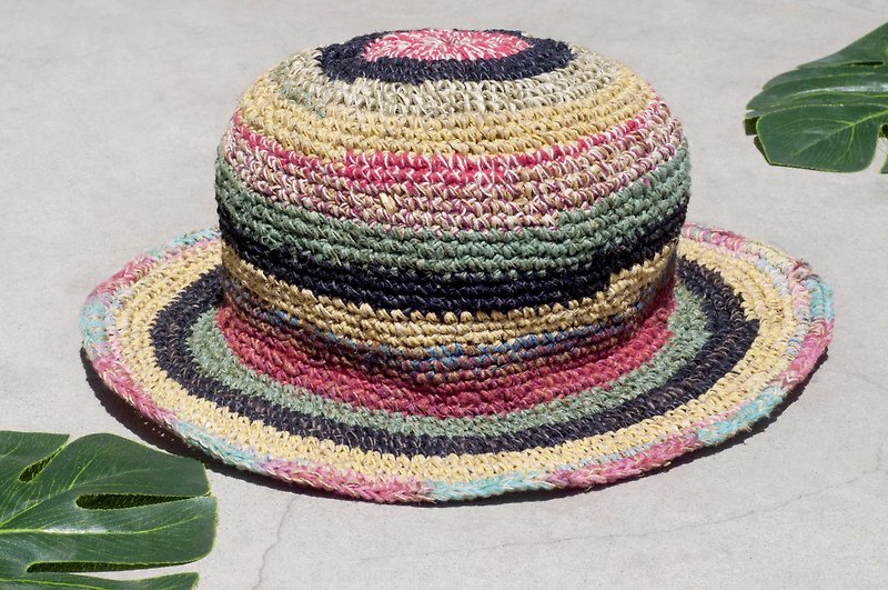 Hand-woven cotton Linen hat knit cap hat sun hat straw hat - French rainbow striped hat forest - Hats & Caps - Cotton & Hemp Multicolor