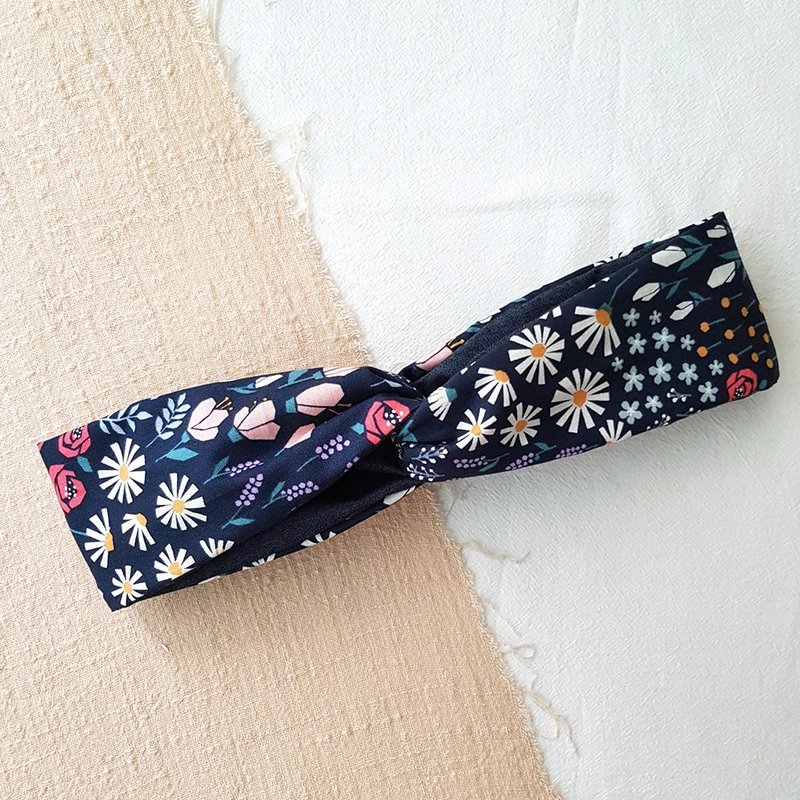 萬紫千紅 韓國布 花草 交叉髮帶/髮飾 - 髮箍/髮帶 - 棉．麻 藍色