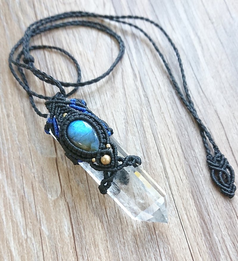 P04 Ethnic style Bohemian style South American wax line Braided Labradorite Necklace White Crystal Column Necklace - Chokers - Other Materials Black