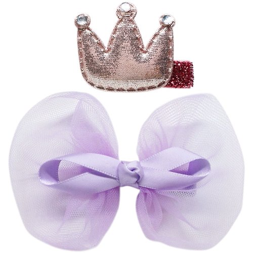 Cutie Bella 美好生活精品館 皇冠與雪紡蝴蝶結髮夾兩入組 全包布手工髮飾Crown & Bow-Lilac