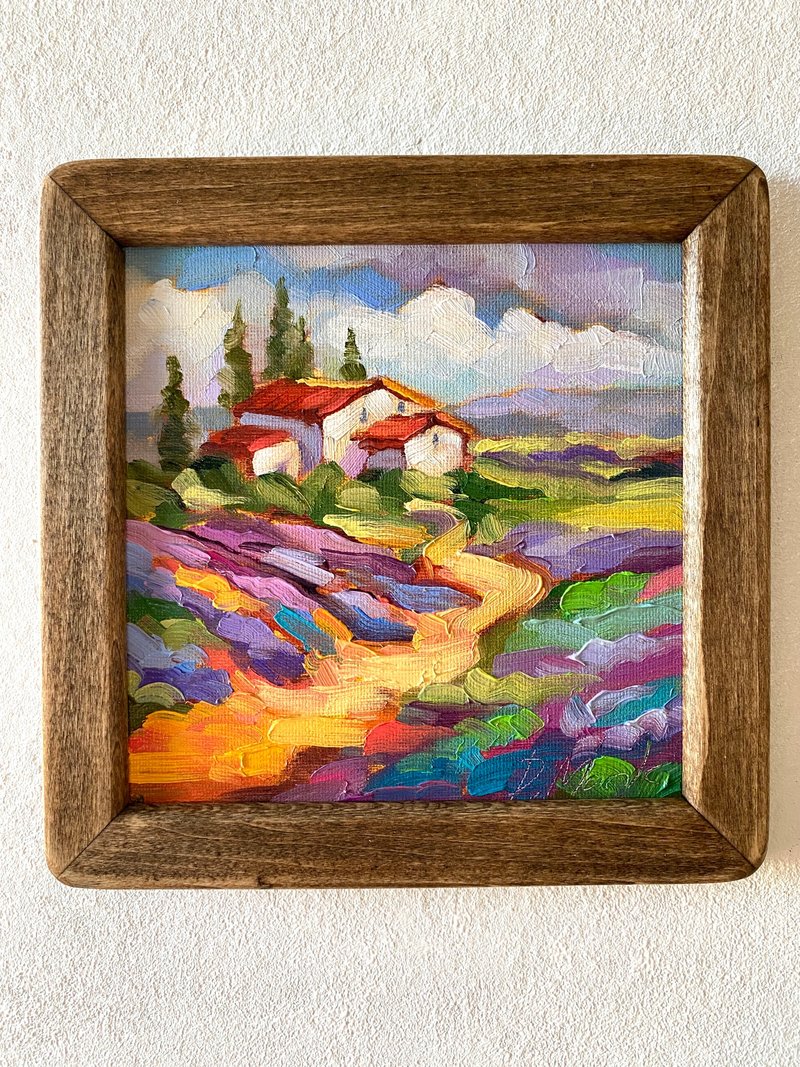 薰衣草田繪畫托斯卡納原創藝術風景油畫厚塗小幅藝術品 8x8 托斯 - 壁貼/牆壁裝飾 - 木頭 