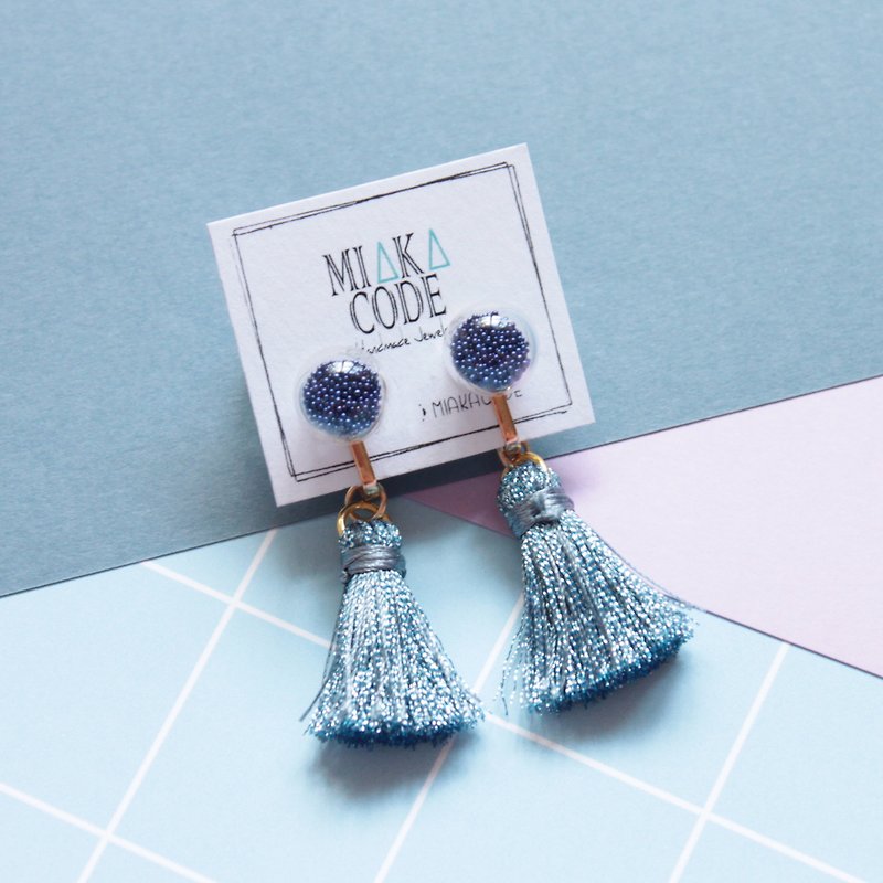 10mm Glass bubble earrings/ear-clips with mixed colour tassels (Royal blue) - Earrings & Clip-ons - Glass Blue