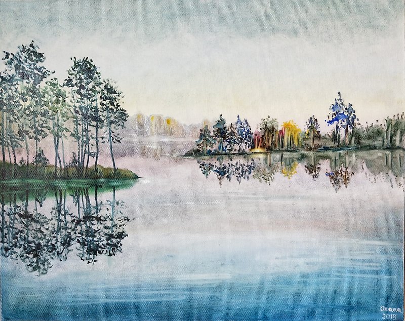 Lake Painting Landscape Original Art Trees Artwork 40x50 cm/ 16x20 in - Posters - Cotton & Hemp Multicolor