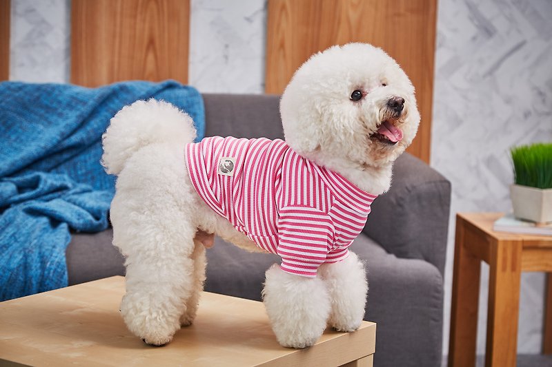 【毛公爵】寵物衣 舒適條紋棉T 粉 - 寵物衣服 - 棉．麻 粉紅色