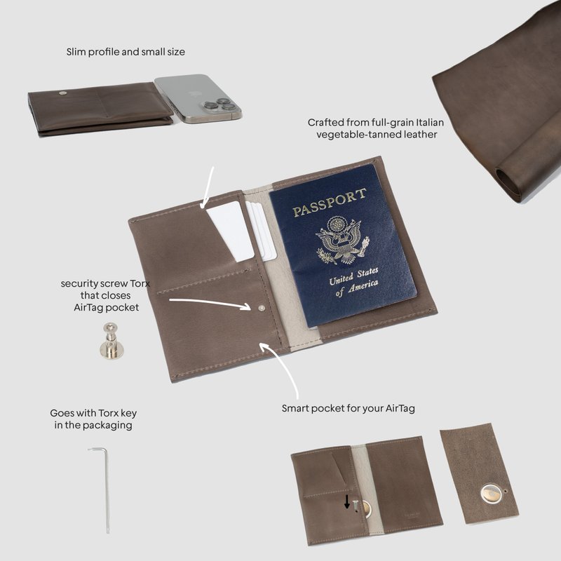 AirTag Passport Holder 2.0 | Made from Premium Italian Full-Grain Leather - ที่เก็บพาสปอร์ต - หนังแท้ สีเทา