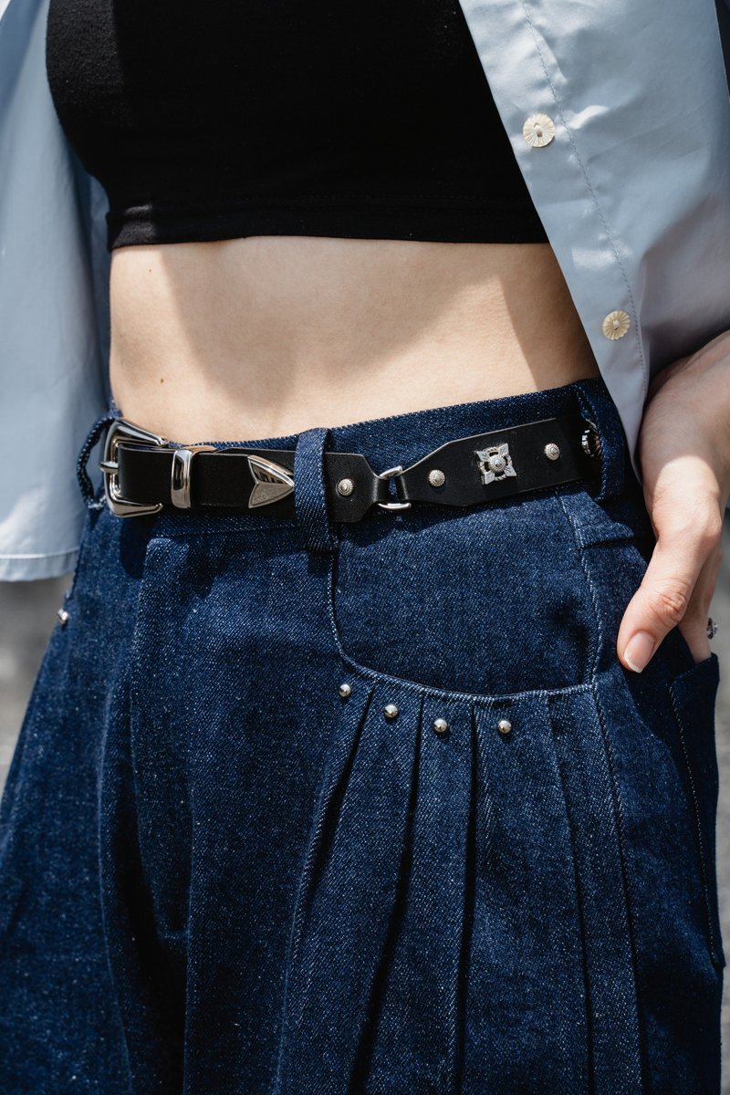 銀器皮帶 Silver leather belt - 腰帶/皮帶 - 其他材質 黑色