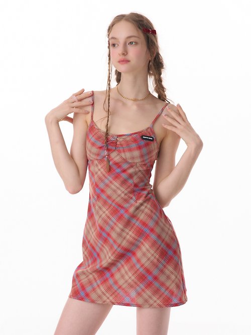SERIOUS ZIZIFEI ziziFei夏季新款美式復古格紋收腰修身顯瘦吊帶紅色格子連衣裙女