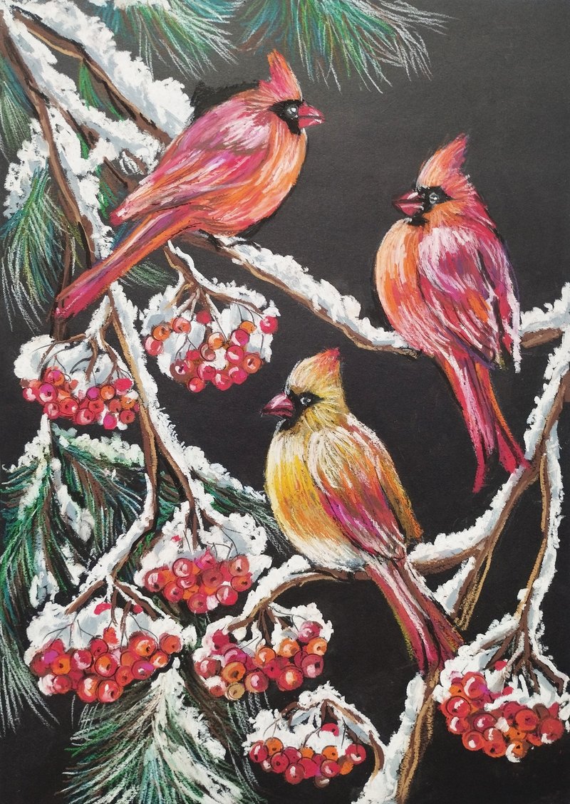 Winter Birds Cardinals in the winter forest  Snowfall animal painting graphic - 壁貼/牆壁裝飾 - 紙 紅色