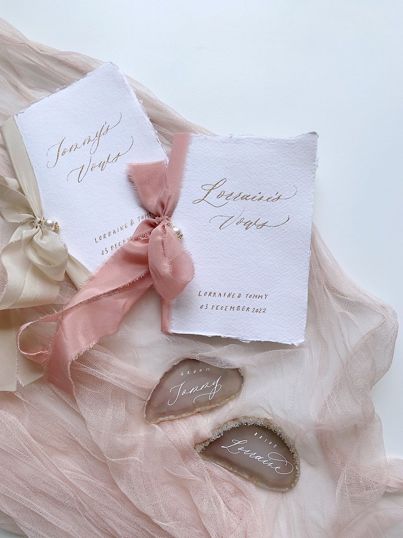 【Customized】Silk Ribbon with Pearl Handwritten Wedding Vow Book - Marriage Contracts - Paper Pink
