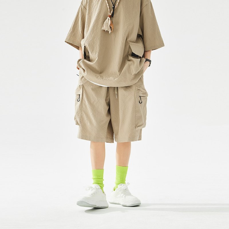 TopBasics 戶外六口袋泡泡紗短褲 - 男短褲/工作短褲 - 聚酯纖維 卡其色