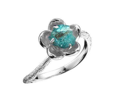 Majade Jewelry Design 海藍寶原石14k金梅花求婚戒指 植物原礦訂婚戒指 立體花朵單石戒