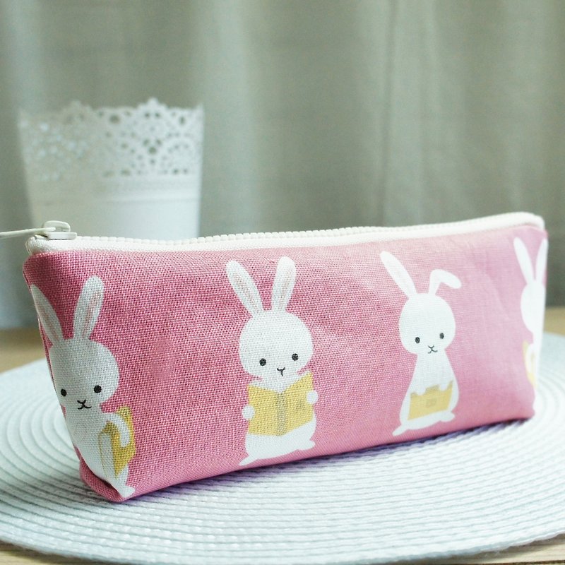 Lovely【日本布訂製】小兔子讀書筆袋、工具袋、粉 - 筆盒/筆袋 - 棉．麻 粉紅色