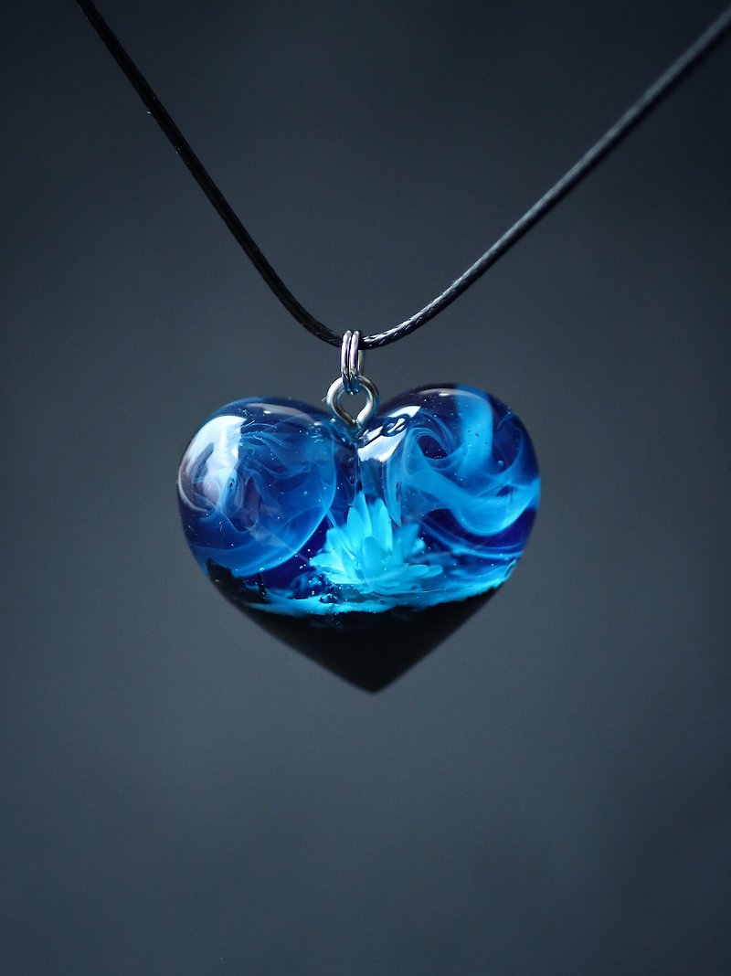 Wood Necklaces Blue - Epoxy resin Wood resin Pendant Glow in the dark Lotus pendant Flower pendant