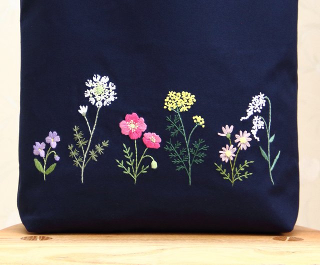 ネイビー花柄刺繍ハンドバッグ たまご型バッグ ワンハンド ル