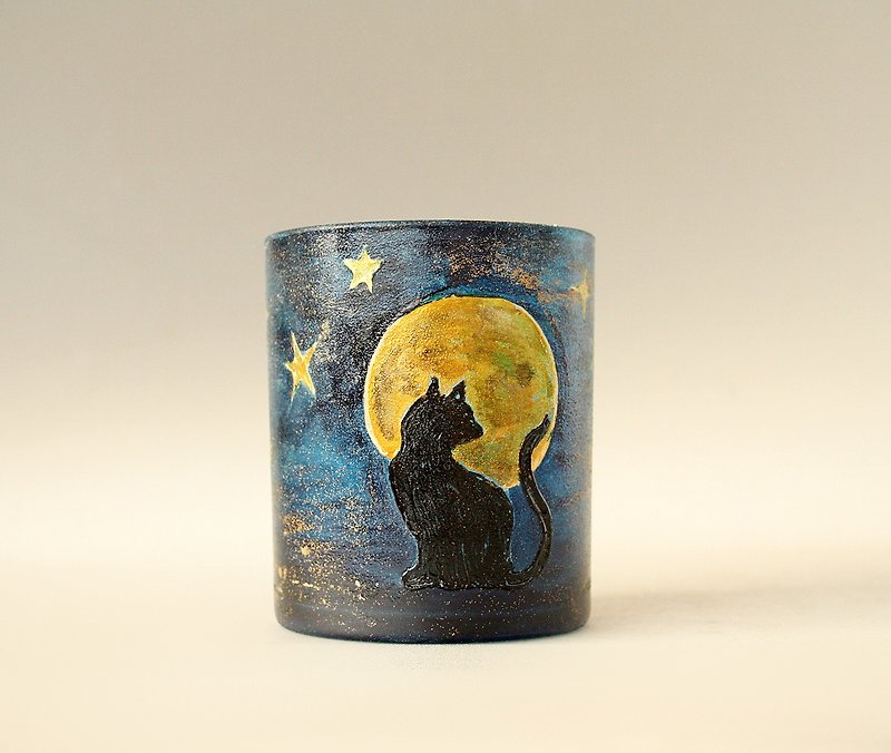 Cat Moon Candle Holder Glass Candleholder Pen Holder Moonlight Hand Painted - Lighting - Glass Blue