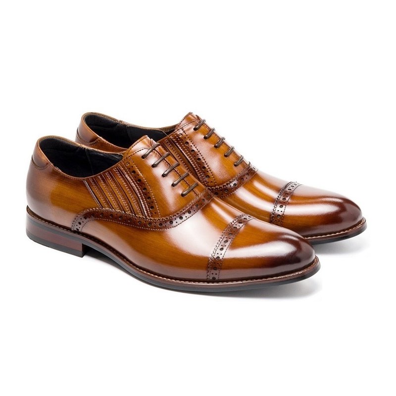 Lace-free/antique brushed horizontal trim men's leather shoes brown - รองเท้าหนังผู้ชาย - หนังแท้ 