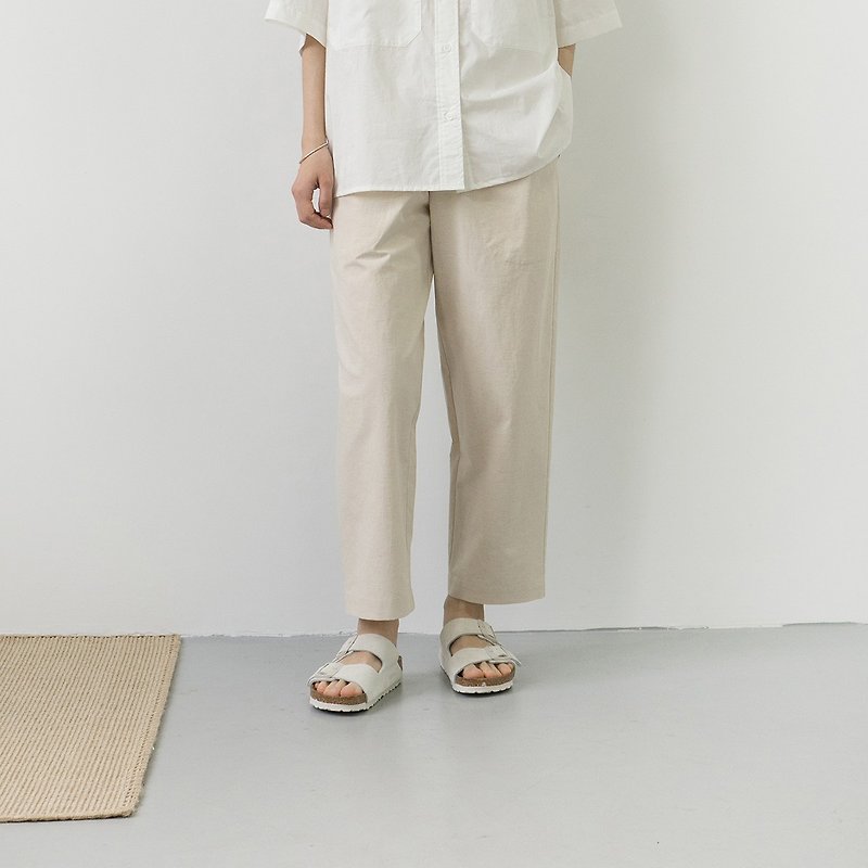 Elastic waist loose tapered patch pocket casual Linen and linen nine-point pants - กางเกงขายาว - ผ้าฝ้าย/ผ้าลินิน หลากหลายสี