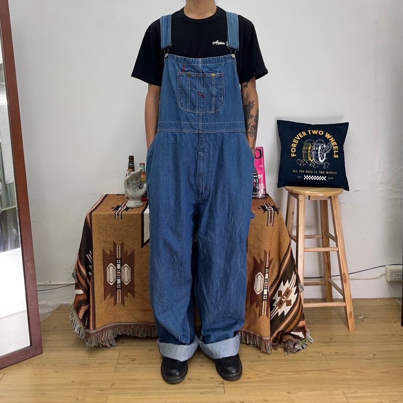 牛仔 水洗 吊帶褲 古著 coveralls 二手 - 男長褲/休閒褲 - 棉．麻 藍色