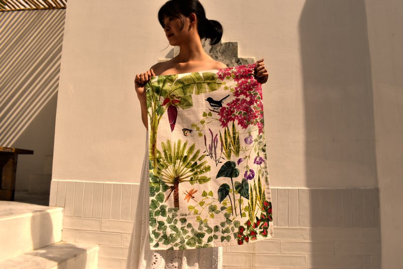 Backyard Garden Tea Towel, Botanical Art, Thai Cotton Kitchen Towel - 擺飾/家飾品 - 棉．麻 