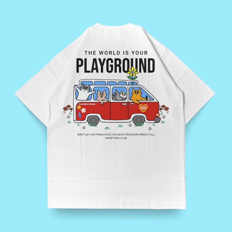 The World Is Your Playground Funny Cat Illustration Oversized T-Shirt - Unisex Hoodies & T-Shirts - Other Materials White