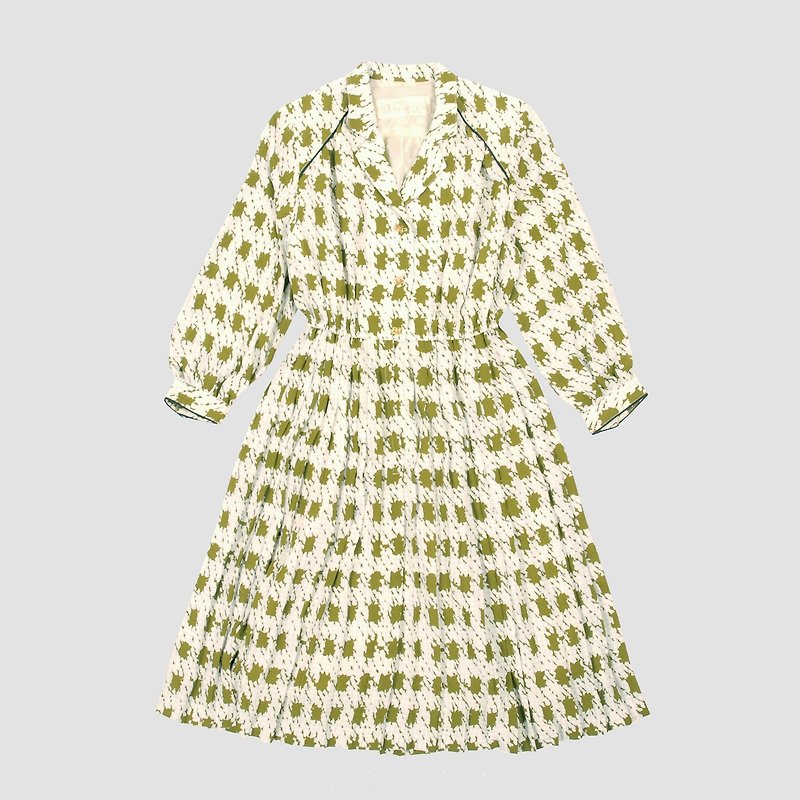 │moderato│ Nippon plaid pleated skirt vintage dress in camouflage │ forest retro. England. Miss arts - One Piece Dresses - Polyester Green