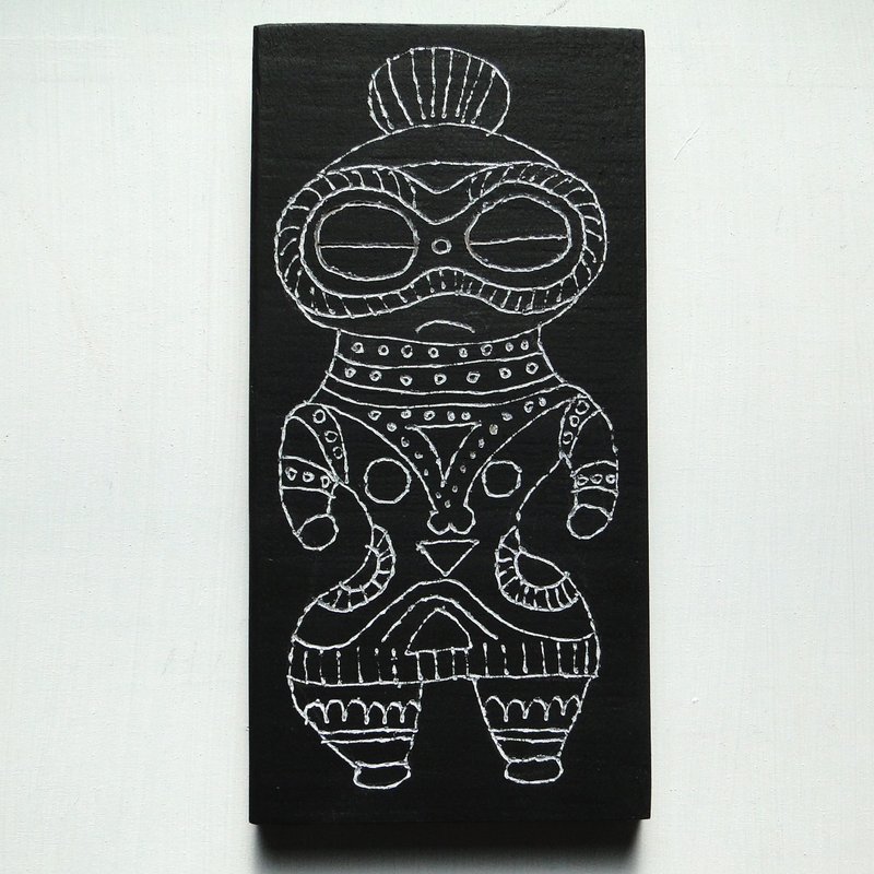 遮光器土偶のウッドバーニングアート 原画 絵画 木雑貨 木工 アナログイラスト - 海報/掛畫/掛布 - 木頭 黑色