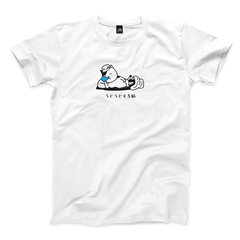 Sleeping Cat-White-Unisex T-shirt - เสื้อยืดผู้ชาย - ผ้าฝ้าย/ผ้าลินิน ขาว