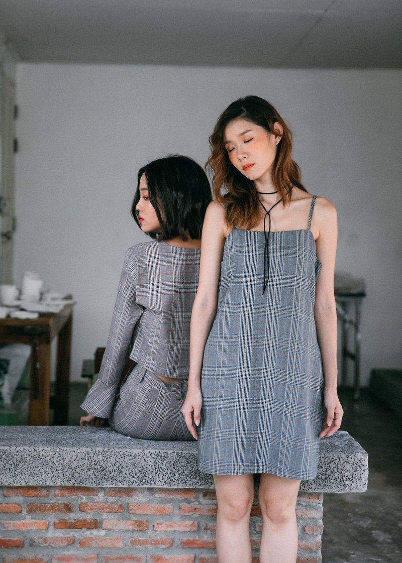 COOL GREY CHECK PLAID CAMI DRESS WITH SPAGHETTI STRAP - One Piece Dresses - Other Materials Gray