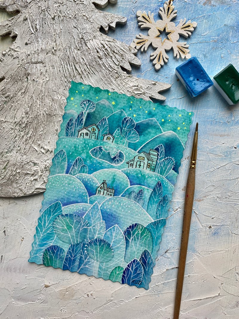 Forest painting Teal Original watercolor card Cute artwork Miniature art - Posters - Paper Multicolor