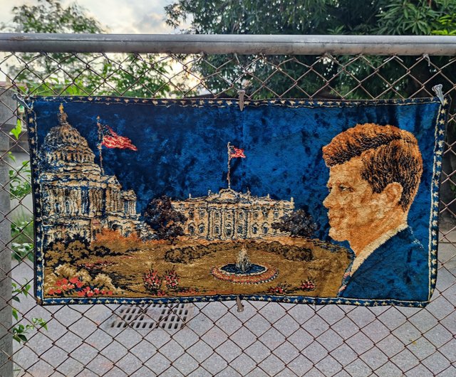 Vintage 60s President John F Kennedy Tapestry Wall Rug Made In